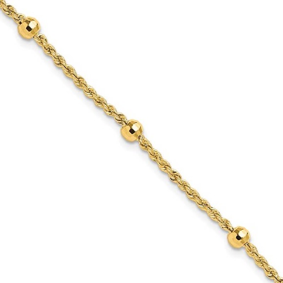 Solid 14K Yellow Gold Rope Chain w/ Beads Station Bracelet 7 inch